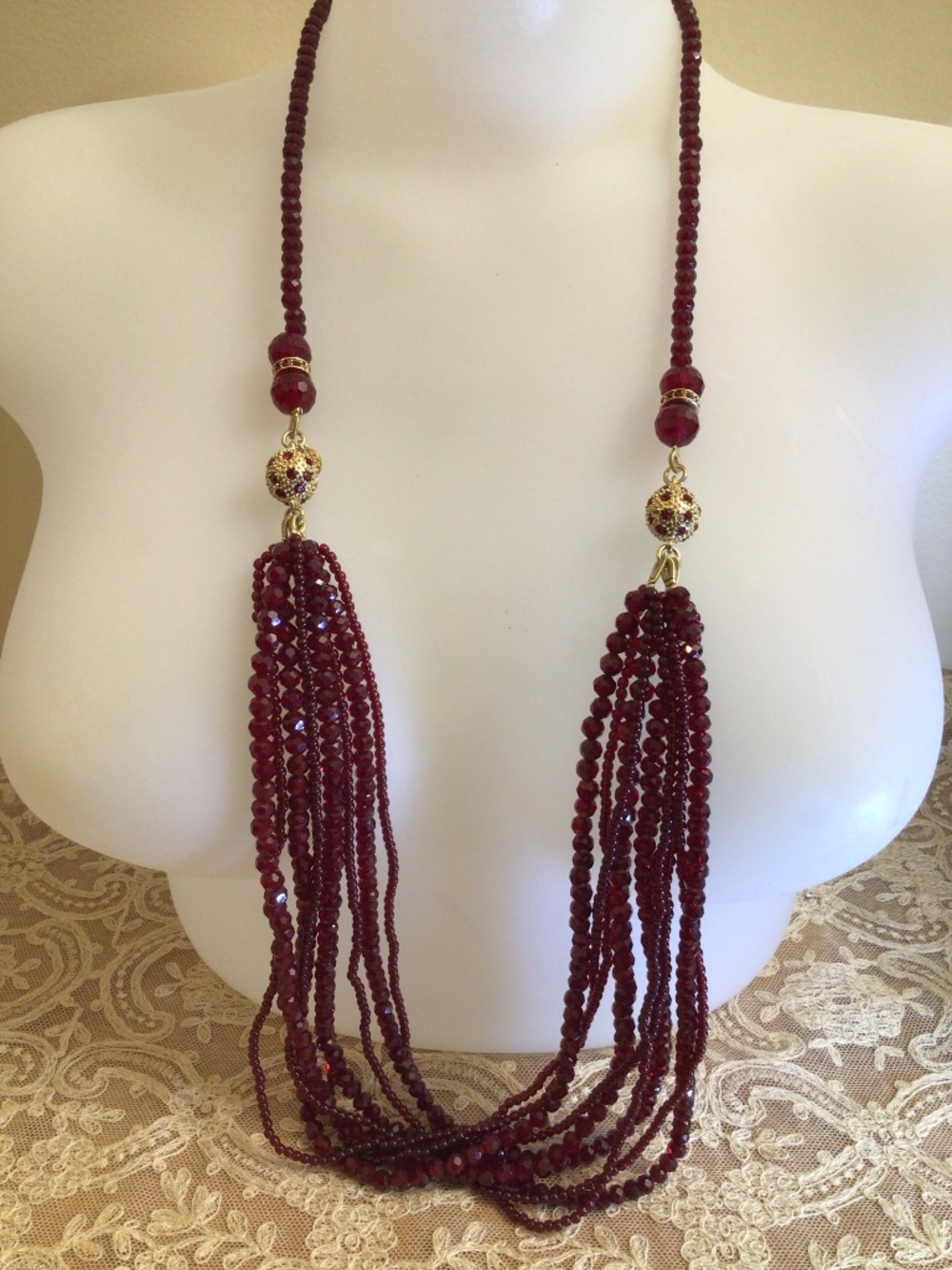 Vtg Talbots Faceted Ruby Red Glass Bead Necklace Gold Tone Multi Strand Baubles